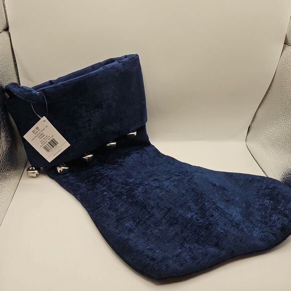 NAVY BLUE VELVET CHRISTMAS STOCKING W/SILVER JINGLE BELLS Hobby Lobby - Picture 1 of 12